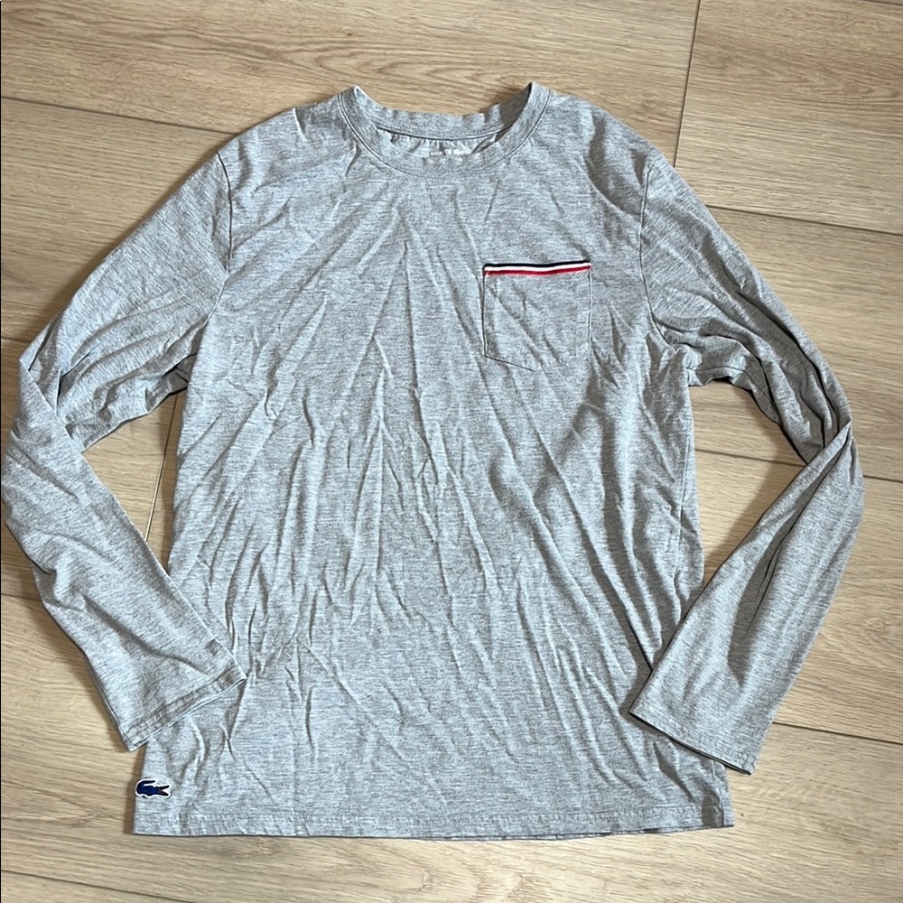 Lacoste Sleepwear Men's Long-Sleeve Crew Neck Pocket Tee Shirt Light Gray Size m